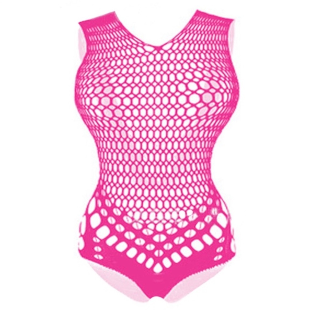 Pink Hole Teddy Bodysuit Romper. Hollow, fishnet, lace. One size fits most.